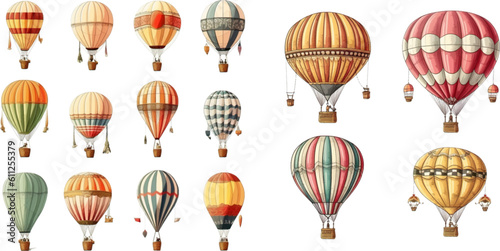Colorful vintage hot air balloons, adventure vehicles white background