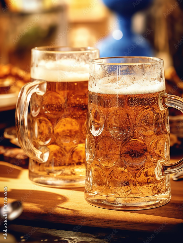 A table at Oktoberfest filled with freshly baked pretzels, glass boot filled with beer. Generative Ai A table at Oktoberfest filled with freshly baked pretzels, glass boot filled with beer. Generative Ai