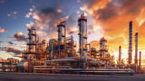Close up Industrial view at oil refinery plant form industry zone with sunrise and cloudy sky. Generative Ai