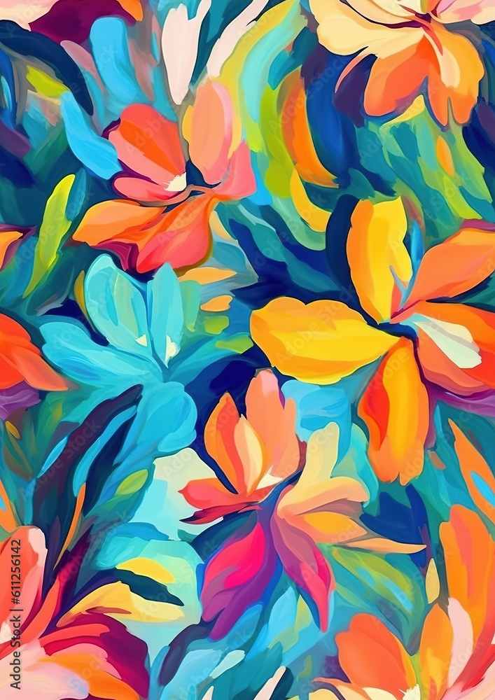 Abstract flower and leaf background. blue, orange, red and yellow colors. created with generative AI technology.