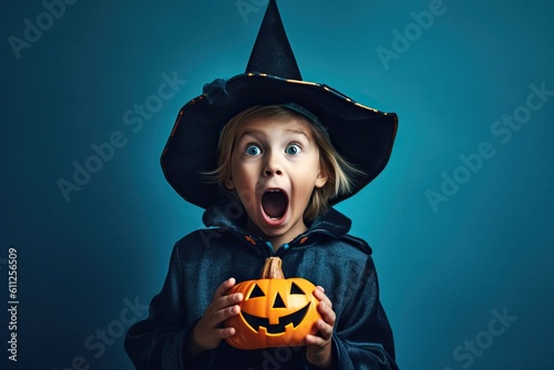 Portrait of kid wearing witch halloween costume with pumpkin made with Generative AI