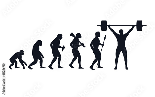 Evolution from primate to weightlifter. Vector sportive creative illustration