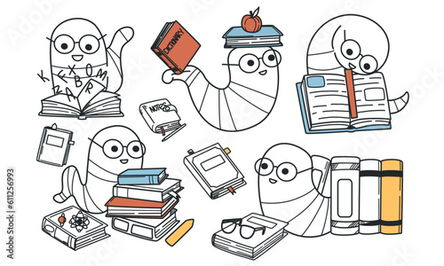 Hand drawn funny bookworms doodle set. Smiling worms in glasses on stacks of books reading and learning educational literature. Happy smart animal characters study colorful textbooks.