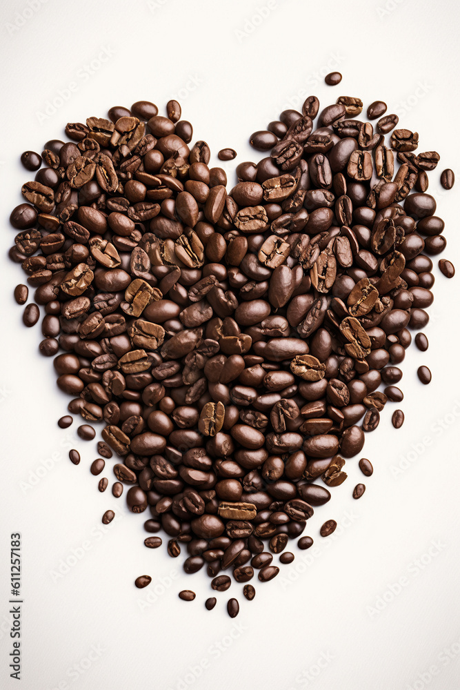 Ai generated illustration Heart shape of roasted coffee beans isolated on a white background. Ai generated illustration Heart shape of roasted coffee beans isolated on a white background.