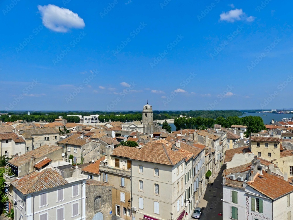 Arles, May 2023 : Visit the beautiful city of Arles en Provence - Historical city with its arena and ancient theater - View on the city