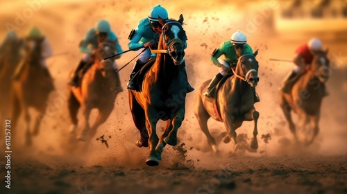 Equestrian Sport of Horse Racing with Jockeys generated by AI © DigitalMuseCreations