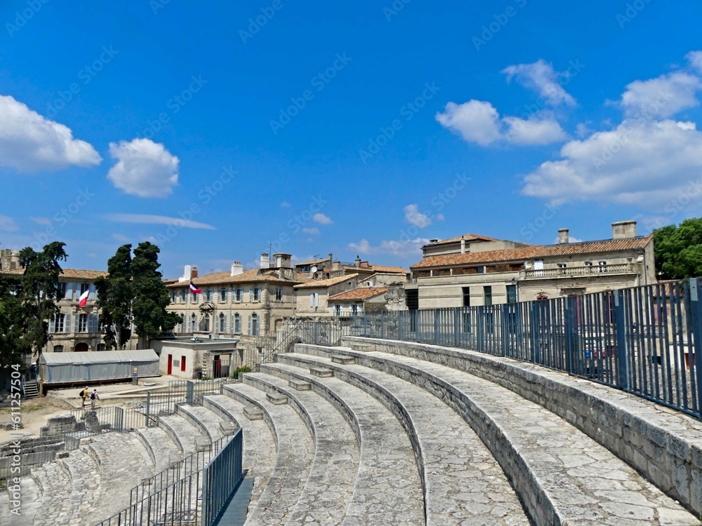 Arles, May 2023 : Visit the beautiful city of Arles en Provence - Historical city with its arena and ancient theater - View on the arena	
