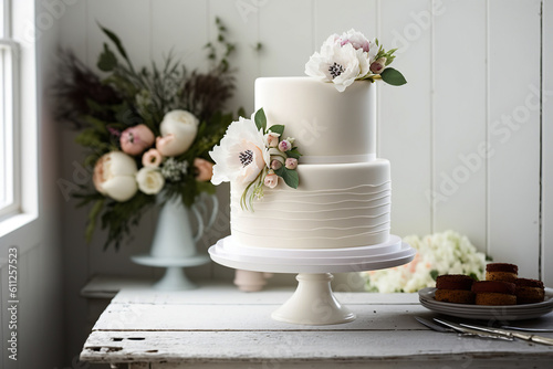 Ai generated illustration well decorated Wedding Cake by window