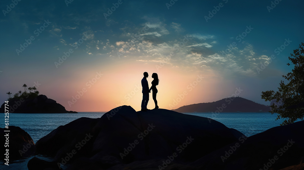 The man and woman standing on the rocky sea shore. Generative Ai
