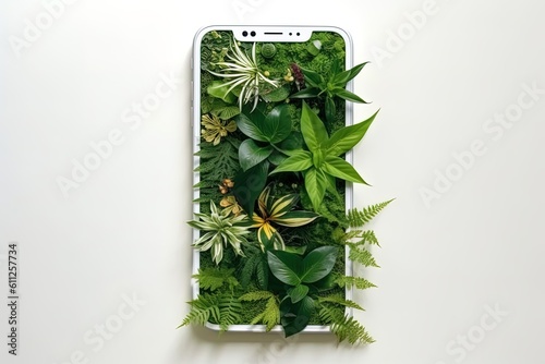 White mobile phone with screen from green leaves and plants. Eco friendly social media concept. AI generative