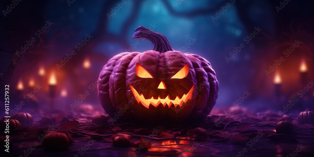 Scary jack o lantern with light on the forest made with Generative AI Scary jack o lantern with light on the forest made with Generative AI