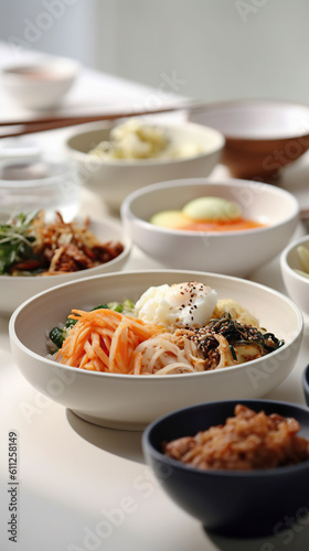 Ai generated illustration Tasty Bibimbap, Korean spicy salad with rice and fried egg © maylim