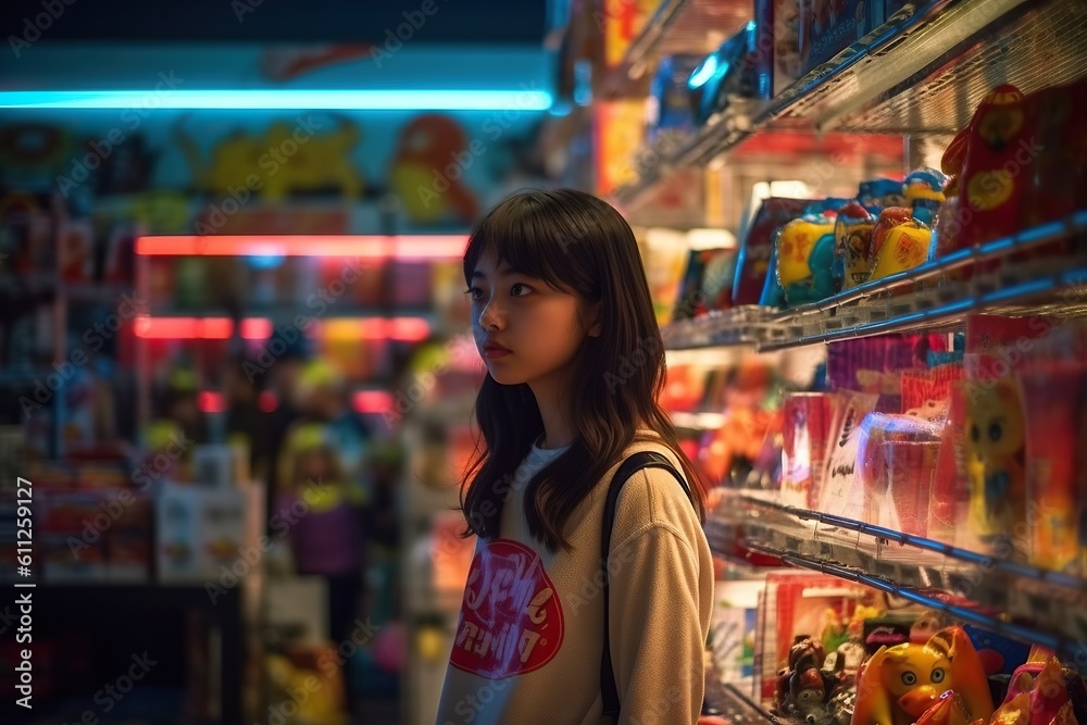 under dim light of supermarket department stores A young Asian girl stands in front of a shelf and browses the available products. ;Generated with AI