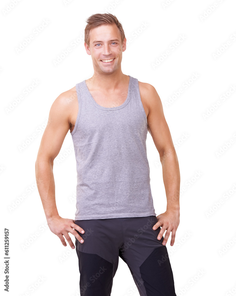 Fitness, smile and portrait of man isolated on a transparent png background for health, workout and exercise. Happy, wellness and strong male person with pride, muscle and ready for healthy lifestyle