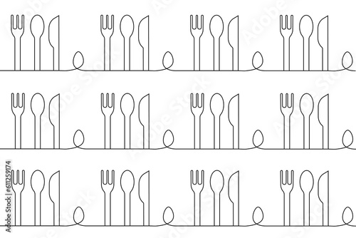 Kitchen wallpaper with One Line spoon, knife and fork. Line art Kitchen Cutlery seamless pattern. Tableclothe print. Vector illustration.