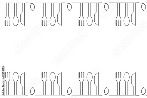 Signage with  One Line spoon, knife, fork and copy space.  Big horizontal Banner with Line art Kitchen Cutlery . Vector illustration.