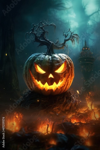 Scary jack o lantern on the forest made with Generative AI