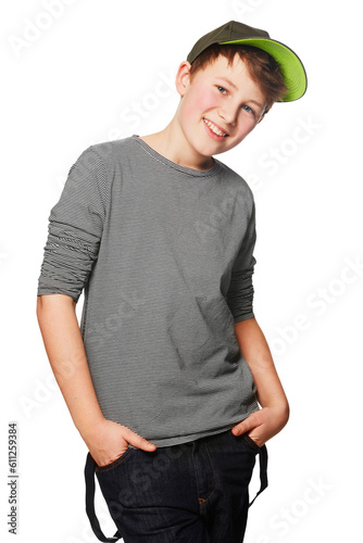 Fashion, portrait and boy teenager smile while posing on isolated, transparent and png background. Face, happy and cool male teenage person with streetwear, clothes and outfit for youth aesthetic photo