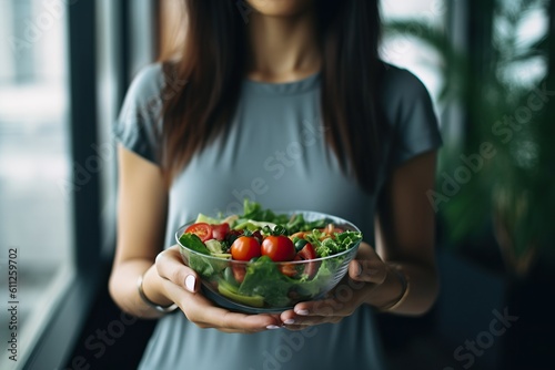 Healthy salad bowls held by Asian women in gym clothes to promote good health and wellness at home. ;Generated with AI