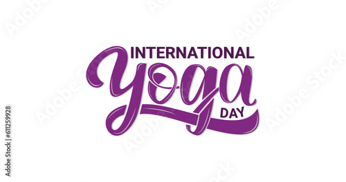 International yoga day. Beautiful Handwritten modern calligraphy in purple color. Great for celebrating yoga day around the world