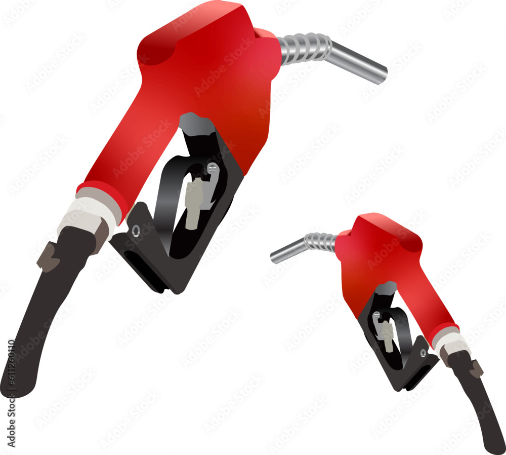 red gas nozzle, hose, fuel nozzle of gas station with pipe, two side