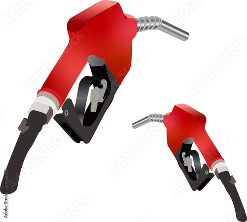 red gas nozzle, hose, fuel nozzle of gas station with pipe, two side view, vector illustration