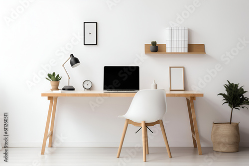 Minimalist office with a minimalistic color scheme, showcasing a desk setup with a wireless charging pad and a single notebook. Generated AI