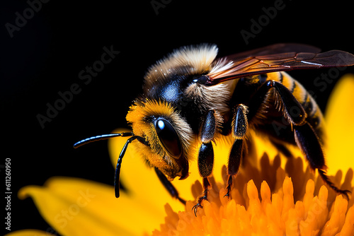 Macro Bee on a Flower. Generative AI. A digital rendering of a macro view of a bee on a flower. © lutjo1953
