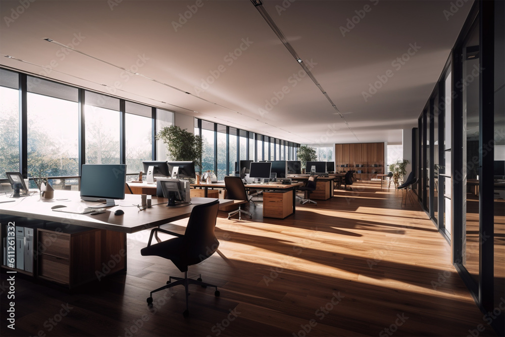 
an office with wood desks and glass walls, in the style of high detailed, grey academia, wood, photo-realistic landscapes, vintage minimalism, light silver and light brown