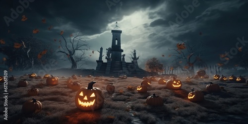 Jack o lantern with tombstones In the spooky Cemetery made with Generative AI