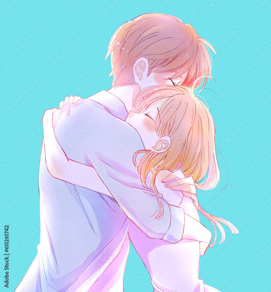 幸せそうに抱き合う男女　逆光