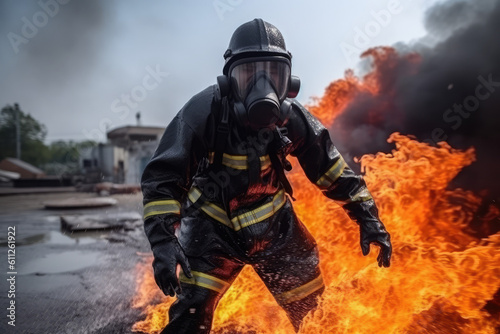 firefighter training., fireman using water and extinguisher to fighting with fire flame in an emergency situation., under danger situation all firemen wearing fire fighter suit for safety, generative  © Kien