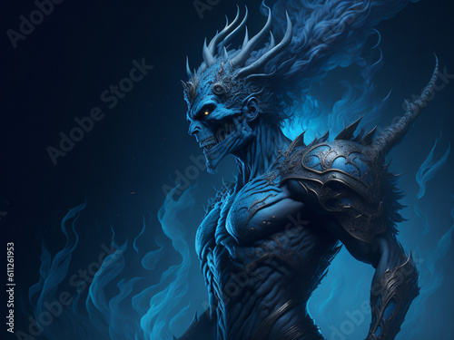 3D illustration of a fantastic demon with blue fire and smoke in the background.