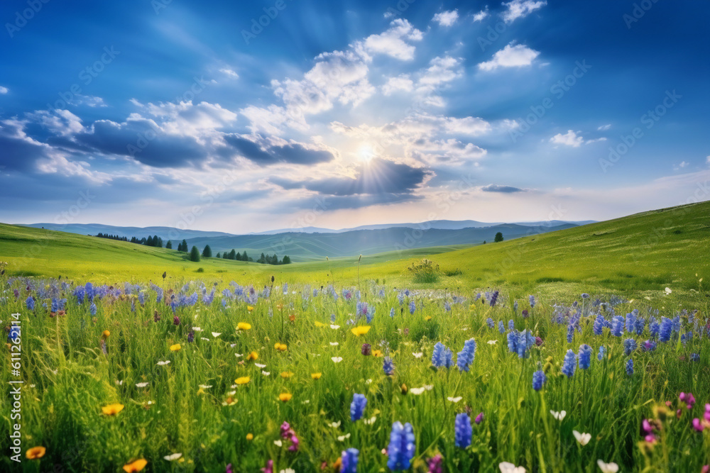 Beautiful spring meadow with wild flowers. 3D illustration digital art design, generative AI