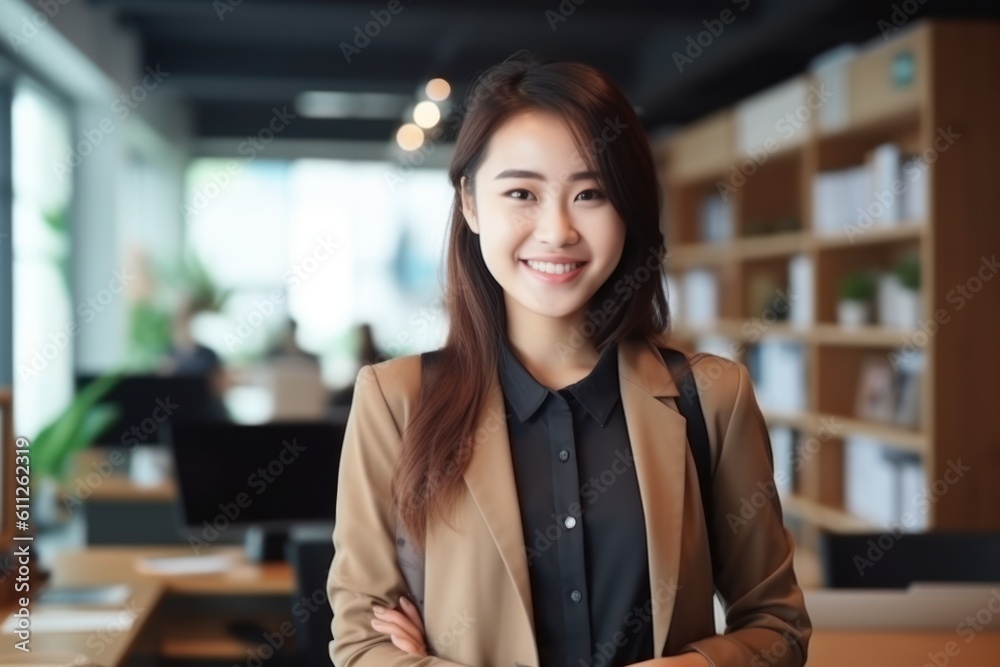 Office Working Girl smiling beautiful and cute Asian model standing in front of the camera and creating an office environment background.;Generated with AI Office Working Girl smiling beautiful and cute Asian model standing in front of the camera and creating an office environment background.;Generated with AI