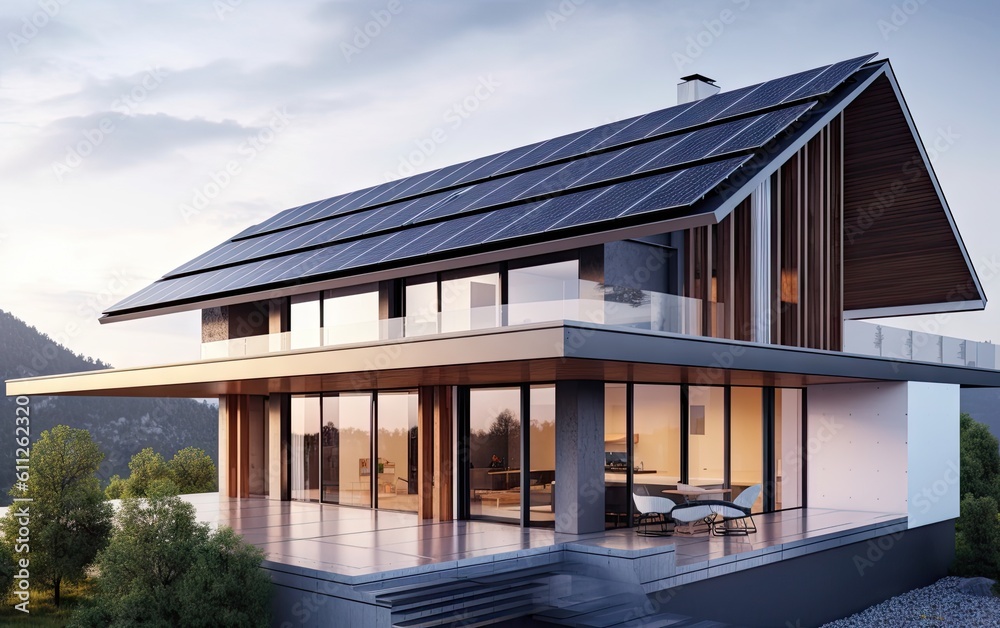 solar panels placed on balcony of modern residential house. Ai generative