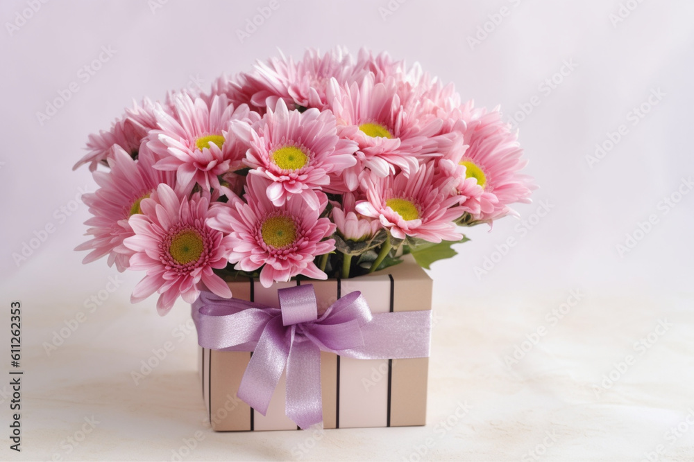 Beautiful colorful chrysanthemum and colorful flower bouquet and pink gift box on white table background for Birthday Gift, ai generative