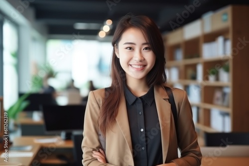 Office Working Girl smiling beautiful and cute Asian model standing in front of the camera and creating an office environment background. Generated with AI © sirisakboakaew