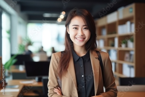 Office Working Girl smiling beautiful and cute Asian model standing in front of the camera and creating an office environment background.;Generated with AI