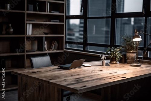  an office with wood desks and glass walls, in the style of high detailed, grey academia, wood, photo-realistic landscapes, vintage minimalism, light silver and light brown