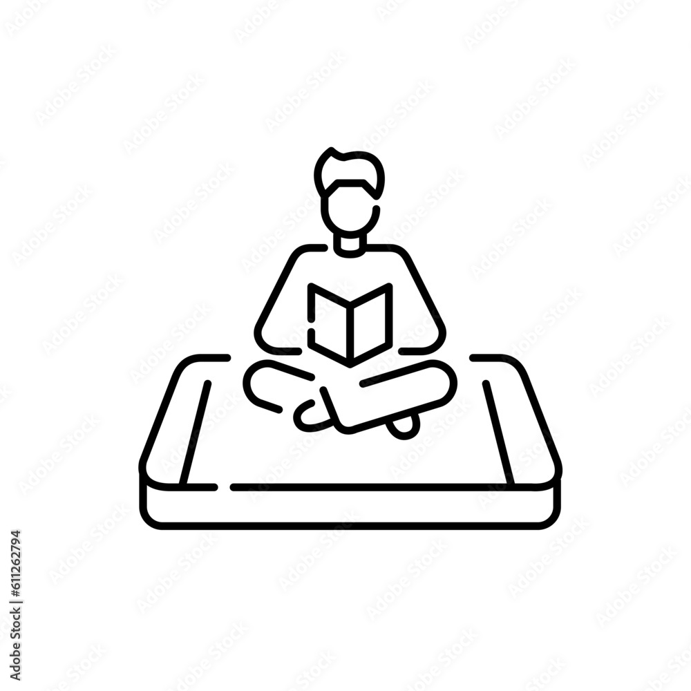 Boy sitting in comfortable clothes reading a book. Digital library app for smartphone. Pixel perfect, editable stroke icon Boy sitting in comfortable clothes reading a book. Digital library app for smartphone. Pixel perfect, editable stroke icon