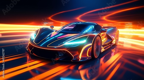 Abstract futuristic racing sportscar on neon background