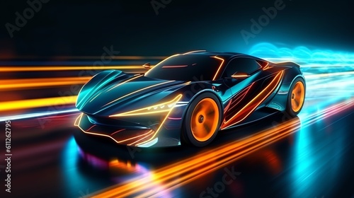 Abstract futuristic racing sportscar on neon background