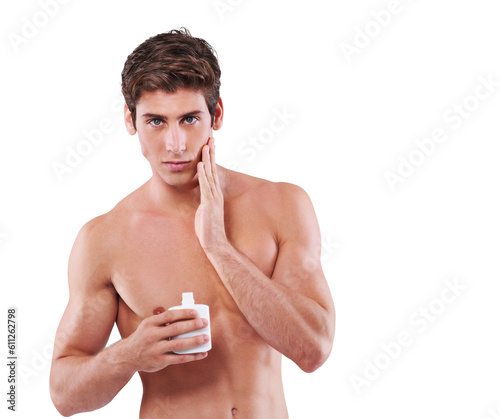 Canvas Print Skincare, portrait of a topless man with aftershave bottle for care and isolated against a transparent png background