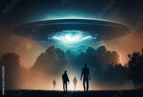 Close encounter of the third kind with a UFO flying saucer spaceship from outer space creating an alien abduction sighting phenomenon of human beings, computer Generative AI stock illustration photo