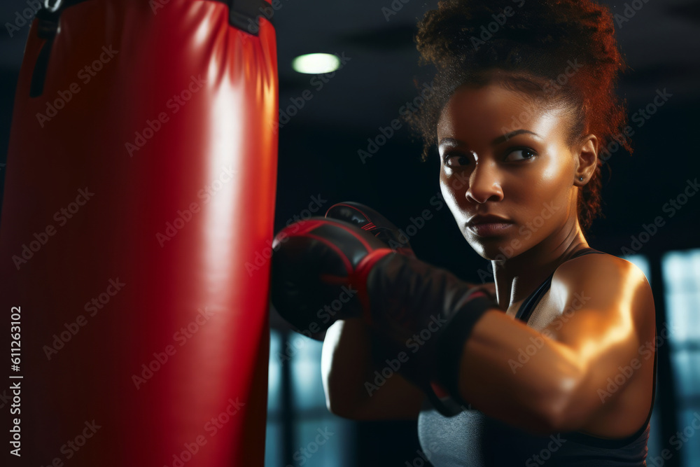 Afro American young woman striking punching bag in the gym. Generative Ai