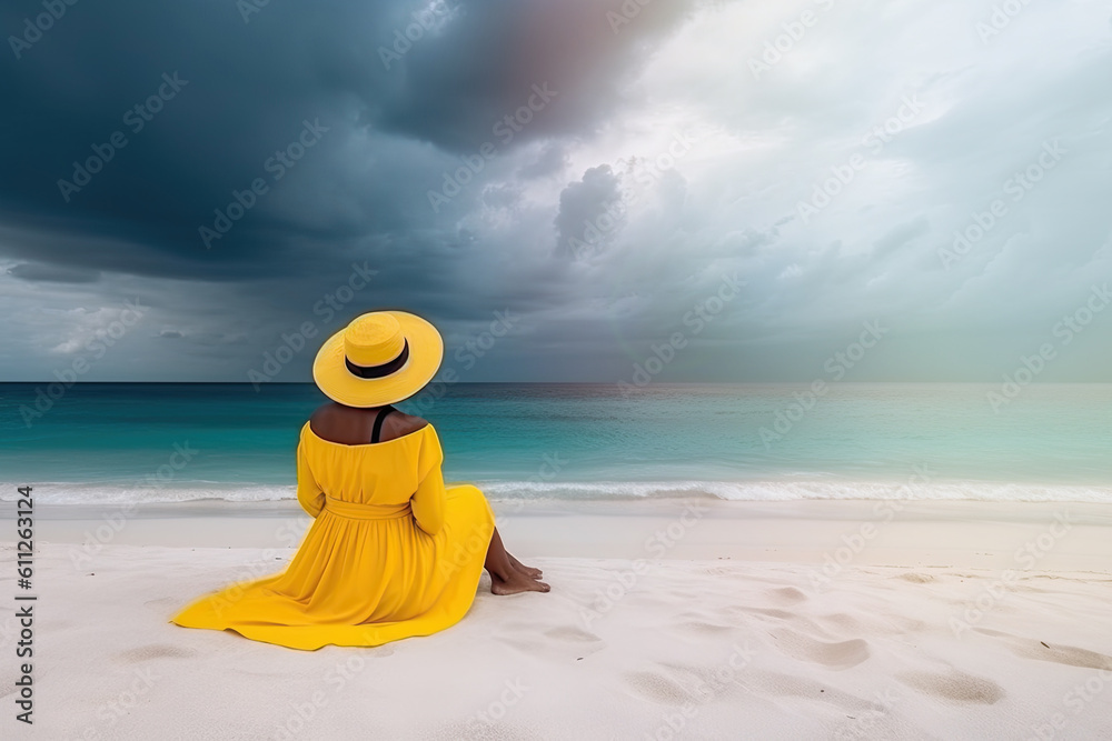 Obraz premium A woman sitting on the beach, wearing a beautiful hat and a pretty yellow dress, gazing at the horizon. Generative AI