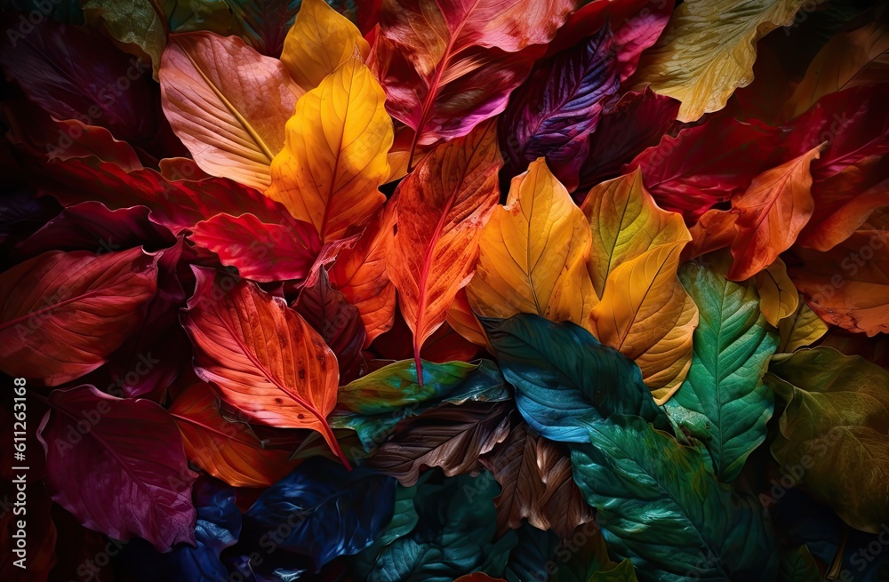 A lot of colorful leaves in the style of naturalistic tones. Generative AI A lot of colorful leaves in the style of naturalistic tones. Generative AI