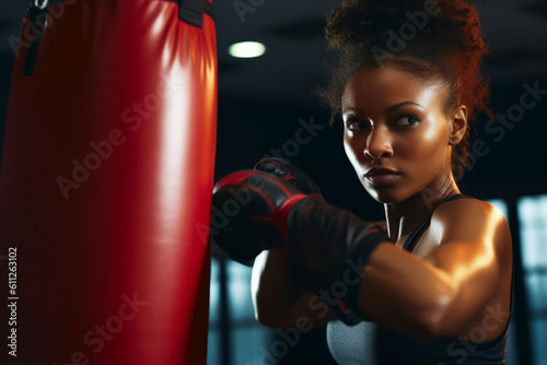 Afro American young woman striking punching bag in the gym. Generative Ai