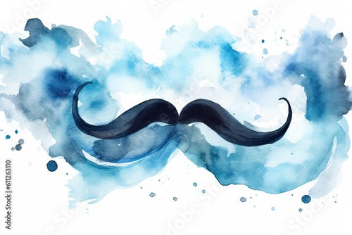 An image of a mustache in watercolor on a white background, in shades of dark blue and light blue. Generative AI